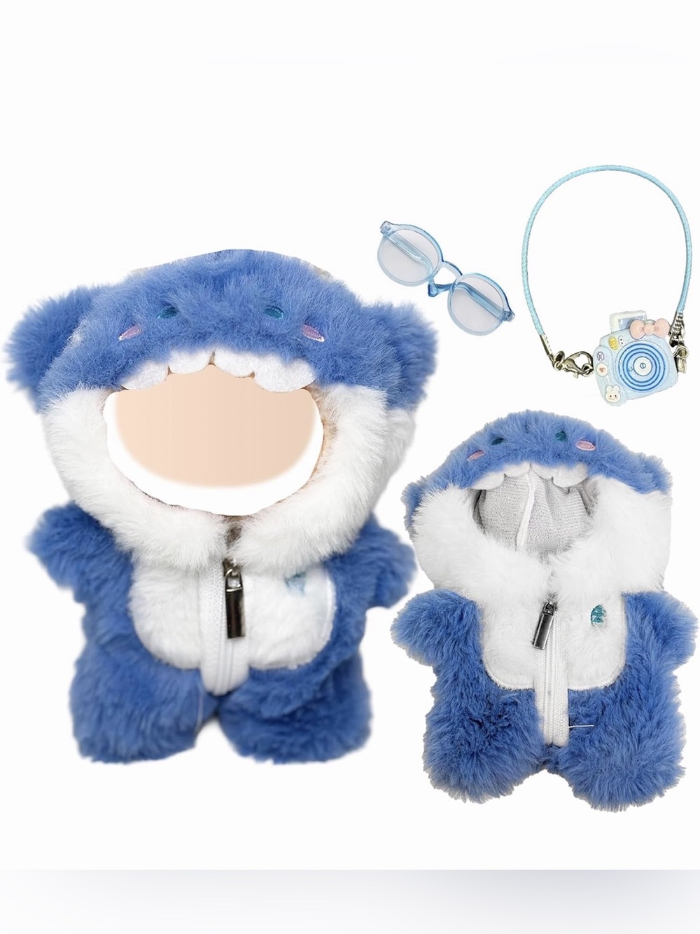 Blue furry babyshark Labubu doll outfit,  Hooded Costume fits 15-17cm dolls 3pcs